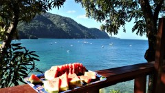 Enjoying watermelon on the deck of the lavender-room